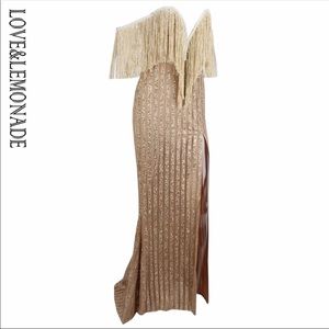 Gold Fringe Off the Shoulder High Split Gown